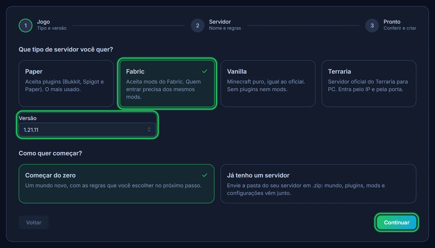 Fabric, a versão dos mods e Continuar.
