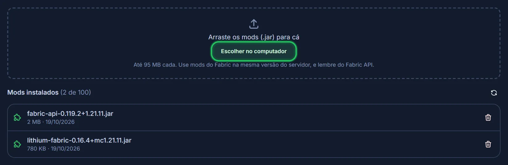 O Fabric API e os outros mods na lista.