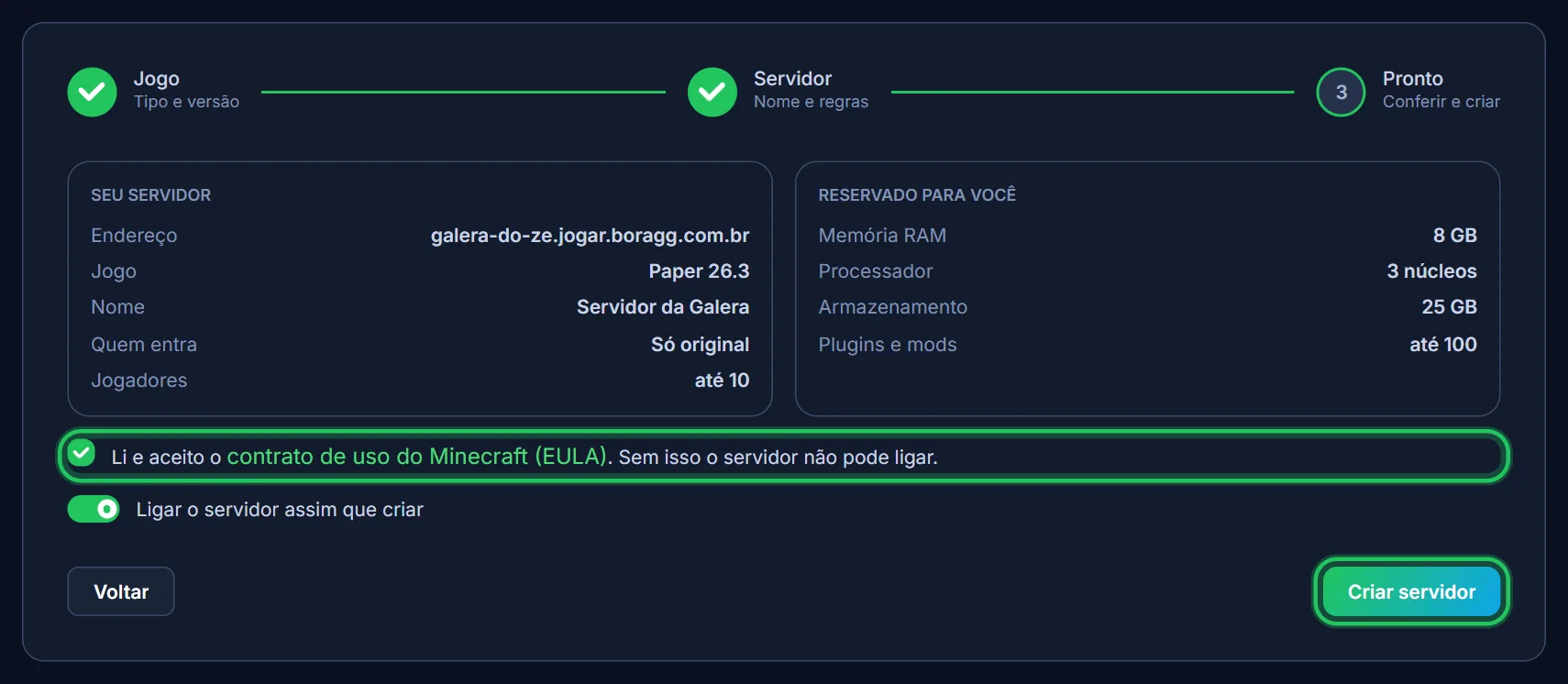 Marque o EULA e clique em Criar servidor.