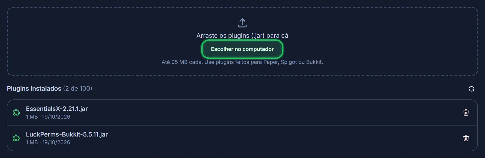 Clique em Escolher no computador ou arraste os .jar.
