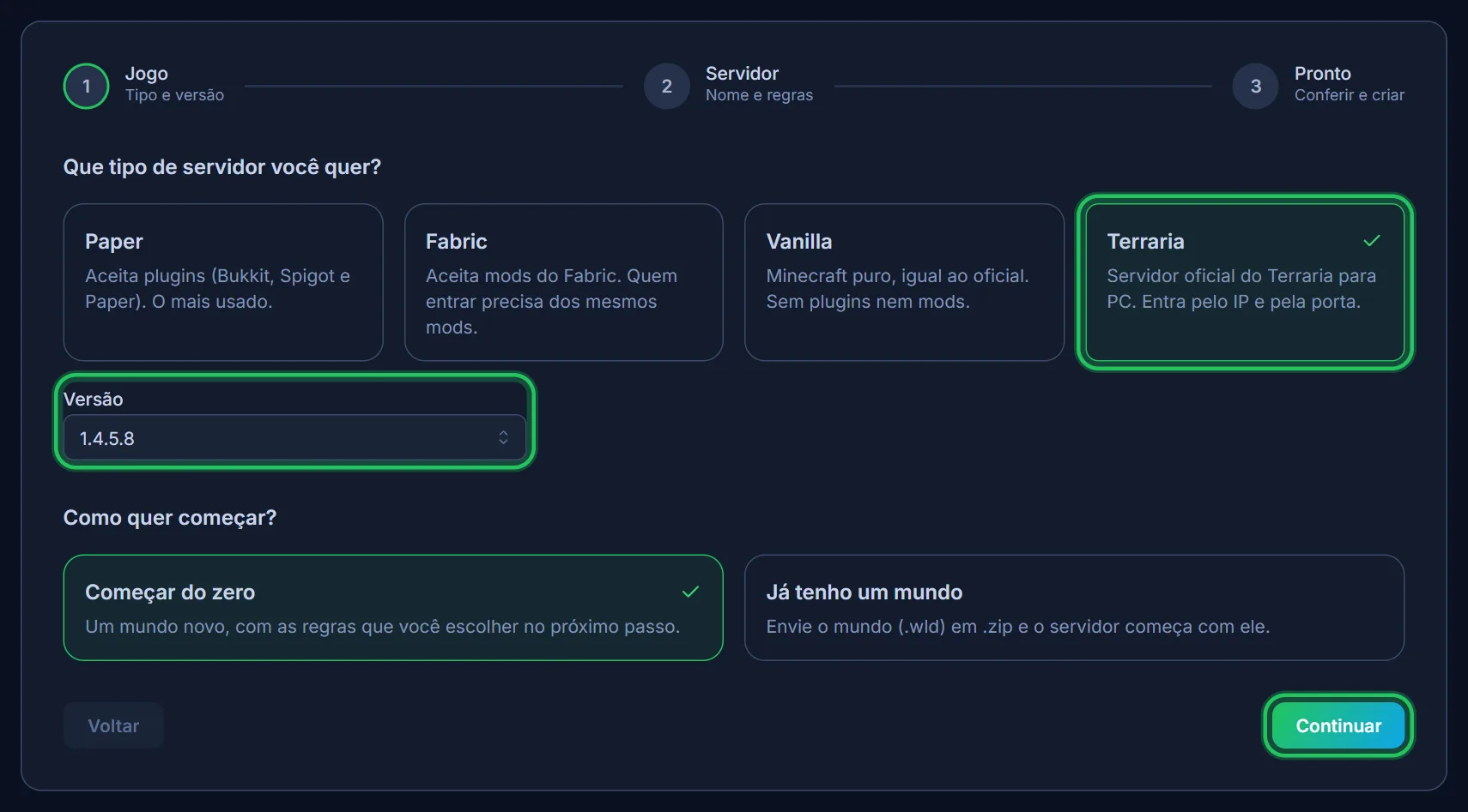 Terraria, a versão e Continuar.
