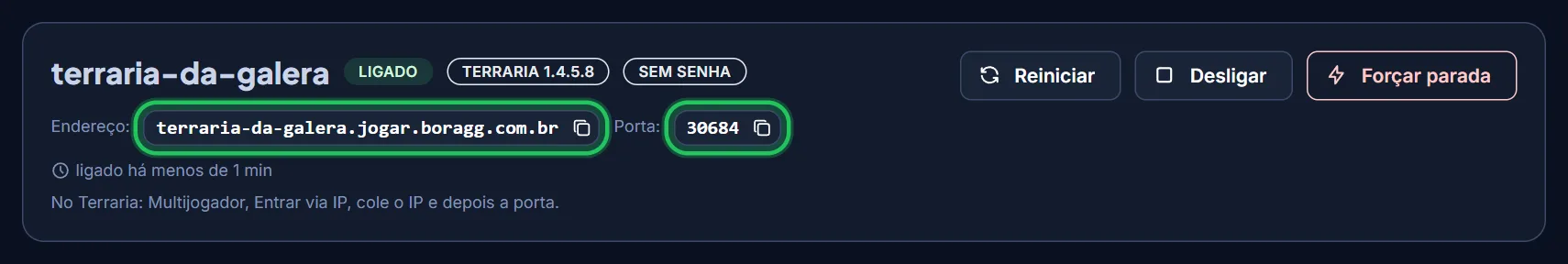 Copie o endereço e a porta.